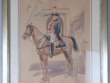 painting of a man in uniform riding a horse in front of a building
