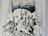 a black and white drawing of a woman on a horse