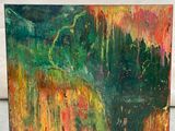 une peinture représentant une œuvre verte et rouge sur un fond blanc