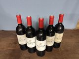 six bottles of red wine are lined up on a wooden table