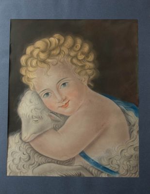 tableau représentant un bébé tenant un mouton, dans un cadre bleu