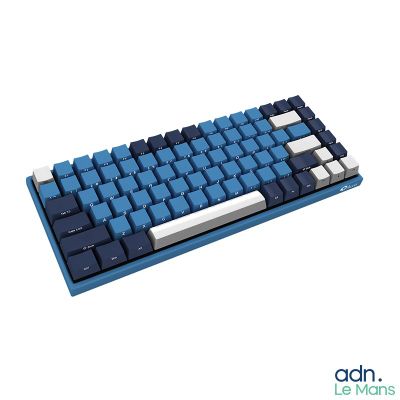 un clavier d'ordinateur avec des touches bleues sur fond blanc