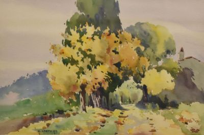 a watercolor painting of some trees in a field