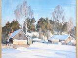 une peinture à l'huile représentant une ferme sous la neige, avec des arbres en arrière-plan