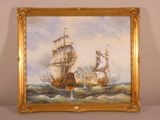 an oil painting of two ships in a body of water