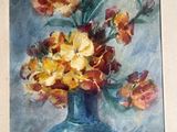 a painting of flowers in a blue vase on a table
