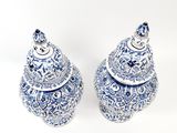 pair of blue and white porcelain salt and pepper shakers on a white background