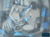 a painting of two people sitting on a couch