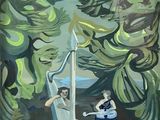 a painting of two people playing a musical instrument in the woods