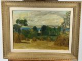 an image of a painting of a field with a house in the distance