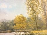 a painting of a boat on the water by the trees