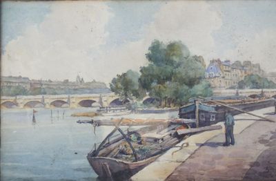 a painting of a man standing on a dock next to a boat