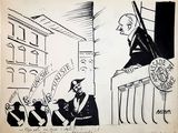 drawing of a cartoon of a man sitting on a balcony with a band of people