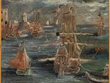 une peinture à l'huile représentant un groupe de navires sur un plan d'eau