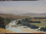 un tableau représentant une rivière qui traverse un champ