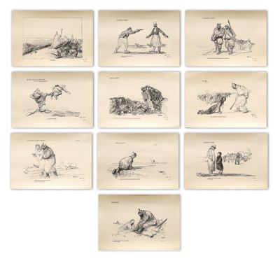 une série de six dessins représentant des hommes et des chiens dans diverses poses