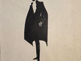 dessin représentant un homme coiffé d'un haut-de-forme et vêtu d'une cape, tenant une cigarette
