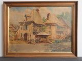 une vieille peinture représentant une maison devant laquelle est garé un vélo