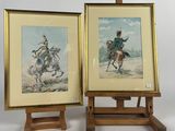 deux tableaux représentant des hommes à cheval, posés côte à côte sur des chevalets
