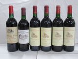 six bottles of wine are lined up on a white surface