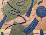 peinture abstraite représentant une boule bleue et un arbre vert, avec une étoile rouge au centre