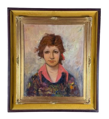 painting of a woman with red hair wearing a pink collared shirt