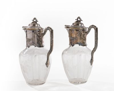 pair of silver plated glass vases with handles and handles