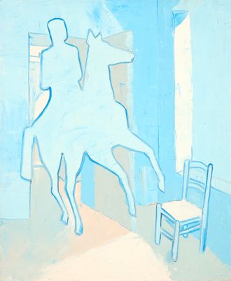 a painting of a man riding a horse next to a chair
