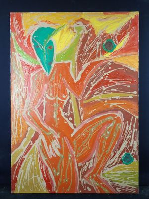 a painting of an orange and yellow flower on a black background