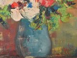a painting of flowers in a blue vase on a table