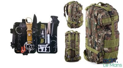 Kit de survie et un sac à dos camouflage militaire 30 L.