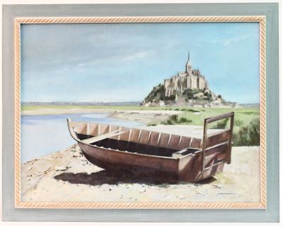 a painting of a boat on the beach near a castle