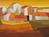 une image représentant un tableau d'un village avec un ciel jaune en arrière-plan