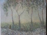 an oil painting of trees in a field of flowers on a table