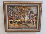 une peinture à l'huile représentant une scène de rue avec des personnes marchant dans la rue