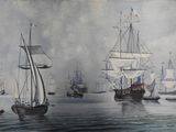 une peinture représentant un groupe de bateaux sur l'eau