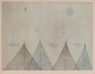 un dessin représentant un oiseau au sommet d'une montagne