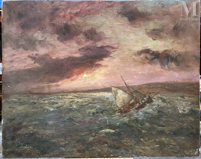 une peinture représentant un bateau au milieu d'un plan d'eau