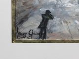 a painting of a man riding a bike on a snowy street