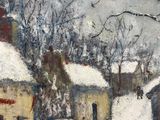 painting of a person riding a horse down a snow covered street