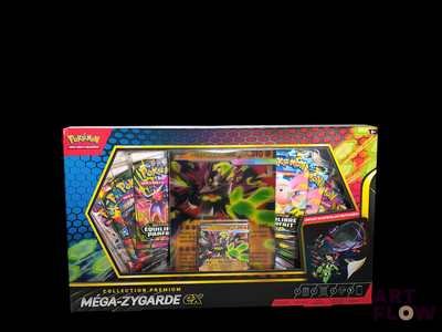 a box of pokemon cards on display on a black background