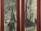 two framed pictures of boats on the water with trees in the background