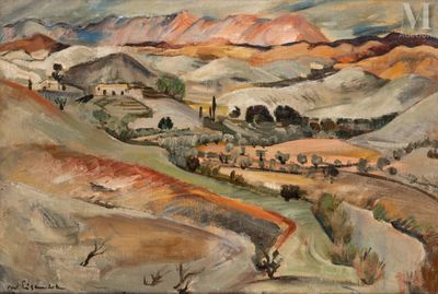 l'image d'un tableau représentant un paysage avec des montagnes en arrière-plan