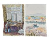 two paintings of boats on the water next to each other