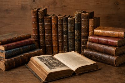 plusieurs vieux livres sont empilés sur une table
