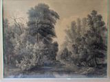a picture of a painting of a river in the woods