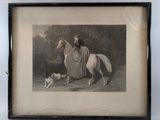 an old picture of a woman on a horse with a dog