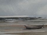 une peinture d'un bateau sur la plage au bord de l'eau