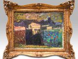 une peinture à l'huile représentant un paysage avec une maison en arrière-plan