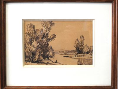 painting of a landscape with trees and a river in the background